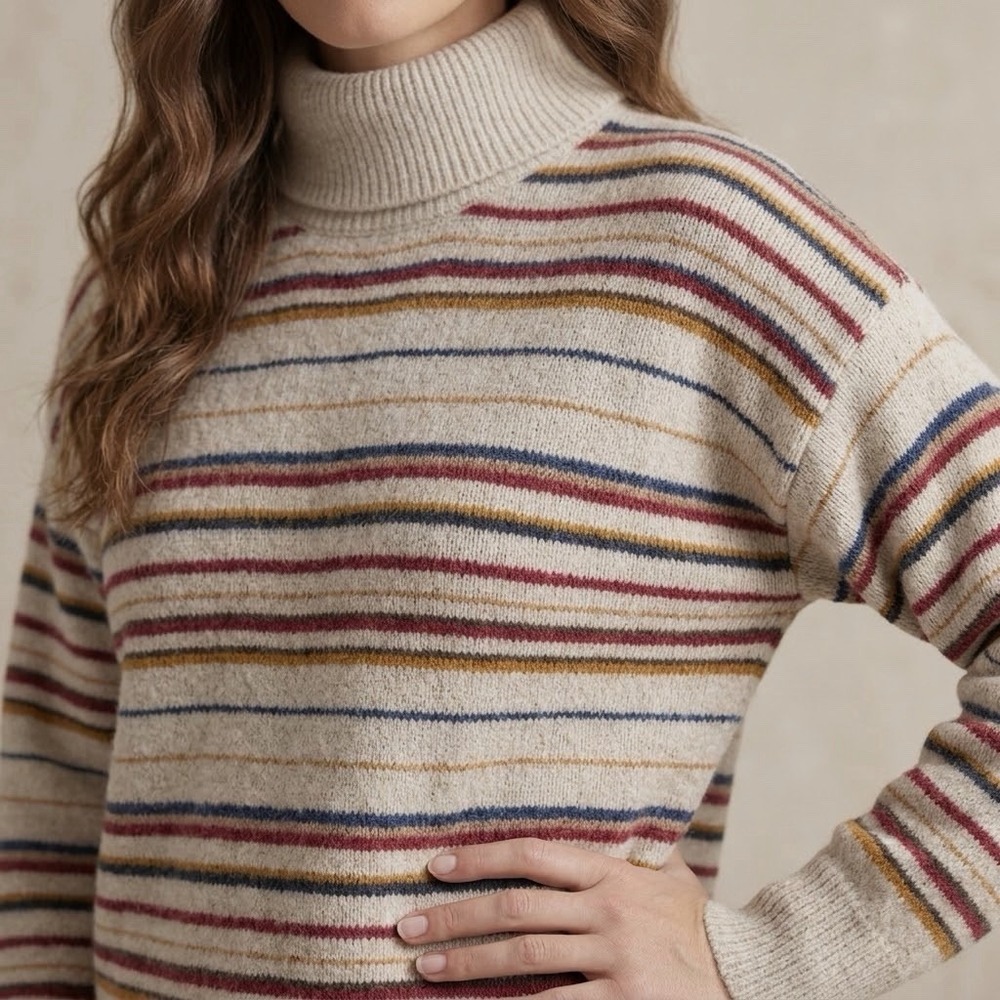 Plush Stripe Sweater Ladies M Ivory Thin Rainbow Line Stripes